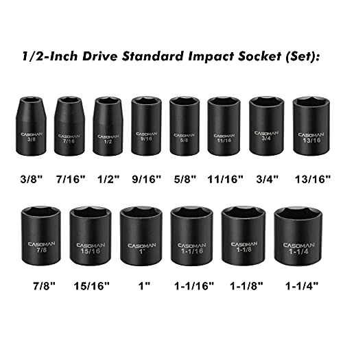 CASOMAN 14 Pieces 1/2-Inch Drive Shallow Impact Socket Set, 6-Point, SAE, 3/8" to 1-1/4" by CASOMAN - Image 2