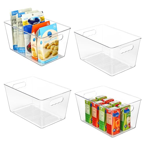 Vtopmart 4 Pack Clear Storage Bins, Pantry Storage Bins with Handle, Large | Plastic Pantry Organizer Containers for Kitchen, Refrigerator, Fridge, Cabinet, Countertops, Home Organization and Storage