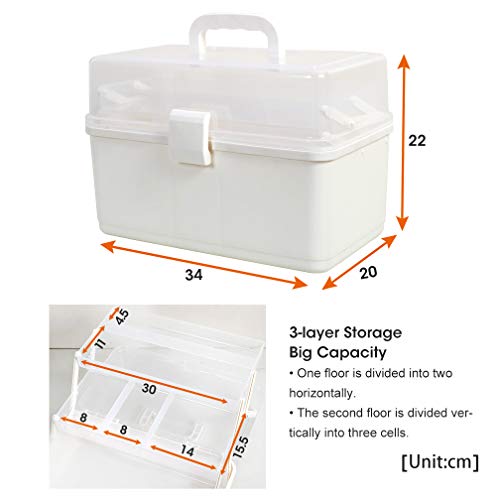 Hershii Plastic Medical Storage Containers Medicine Box Organizer Home Emergencies First Aid Kit Pill Case 3-Tier with Compartments and Handle (Large, White) - Thumbnail 2