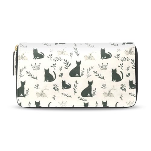 Long Wallets Leather Bifold Wallet for Women Black Kitten Cat with Zipper Credit Card Holder Large Capacity