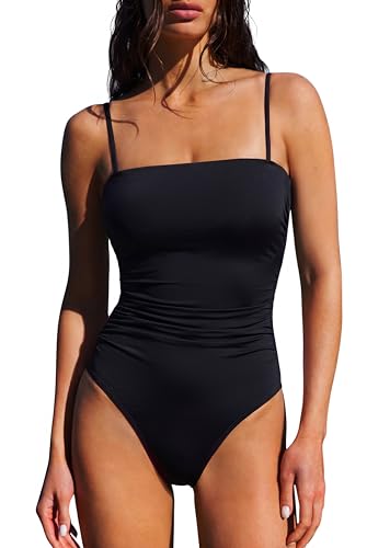 SUUKSESS Women Sexy One Piece Swimsuit Tummy Control Square Neck Bathing Suit Retro Backless Swimwear (Black,S)