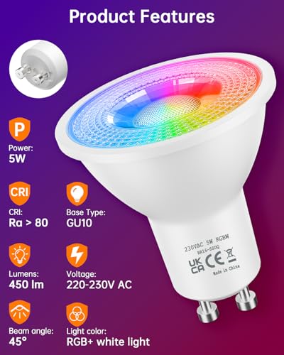 YAYZA! GU10 LED Light Bulbs 5W, RGBW Colour Change Dimmable LED Spotlights Cool White 6000K, Energy Saving Smart Spot Light Bulbs with Remote Controls, 12 Colours, 5 Model, Timer, 4 Pack - Image 3