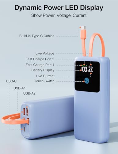Image of Portable Laptop Charger 24000mAh 65W w /USB C Built-in Cable Blue | 65W Fast charging, LED display, Charge 4 devices at once, Pass through, TSA approved, Compatible with Macbook /Notebook /iPhone