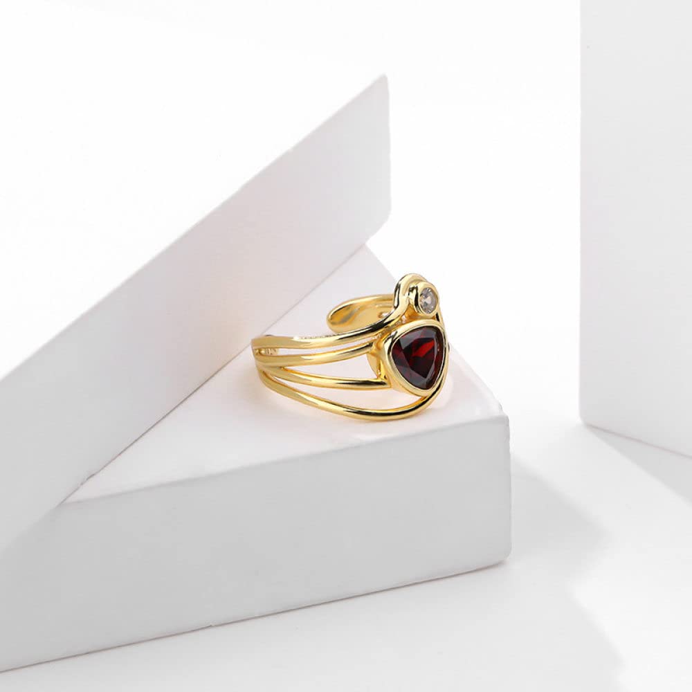 Anello In Argento Sterling 925,Anello Regolabile Per Donna Triangolo Rosso Cristallo Argento Sterling 925 Micro Pavé Zircone Placcato Oro Tre Strati Linee Matrimonio Gioielli Eterni Regali Per Raga