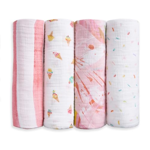 Image of aden + anais Essentials Cotton Muslin Swaddles, Breathable Baby Blanket, Ideal for Boys, Girls, Newborns, Babies & Infants, Receiving Blanket, Soft and Lightweight Wrap, 4 Pack, Ice Cream Dreams