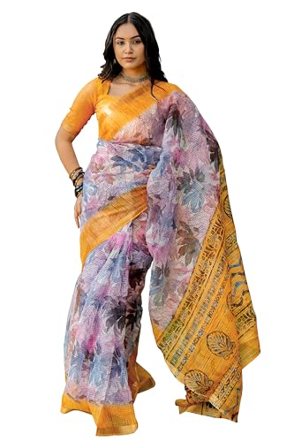 Image of MIRCHI FASHION Kota Doria Cotton Saree with Blouse Piece | Leaf Floral Printed Saree for Women | Traditional Ethnic Daily Wear Summer Saree