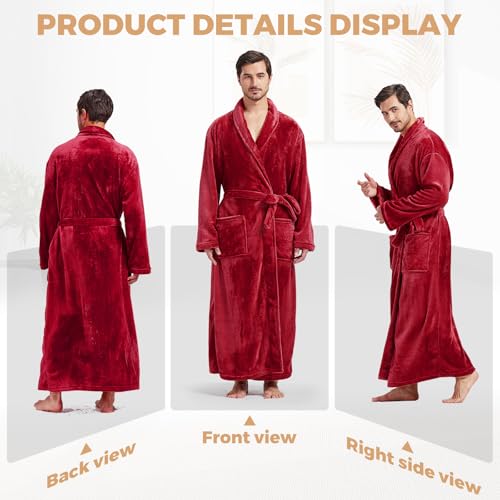 Image of FashGudim Mens Robes Big and Tall Full Length Plush Fleece Long Robe for Men Bathrobe Shawl Collar Warm Winter House Robes