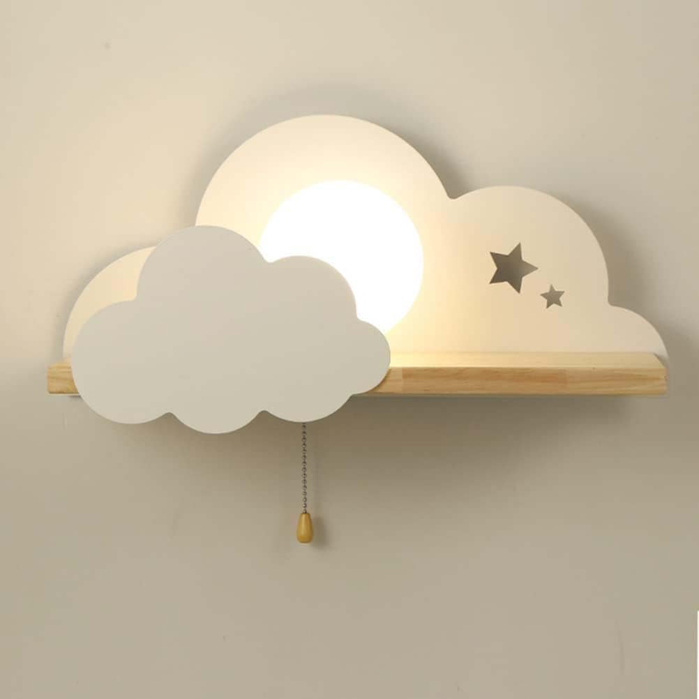 Lampa ścienna Cloud z przełącznikiem, Wewnętrzna lampa ścienna do pokoju dziecięcego Lampka nocna E27 ze szklanym kloszem Kreatywna karykaturalna chmura z drewnianą półką lampa dekoracyjna
