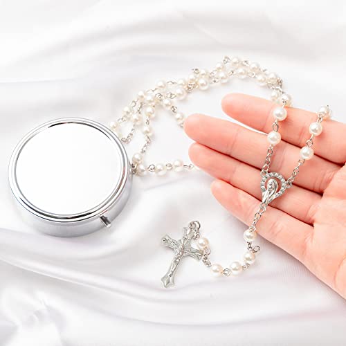 Rosary Beads Catholic - Confirmation Gifts for Teenage Girl, Silver Simple Style Metal Gift Box, White Artificial Pearls Rosary, Gifts for Women3