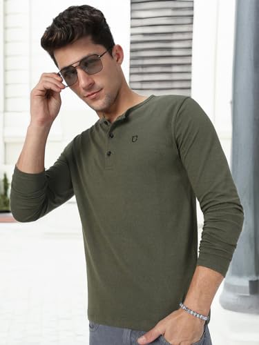 Image of Urbano Fashion Men's Solid Henley Neck Slim Fit Full Sleeve Cotton T-Shirt