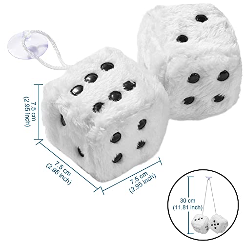 Image of 2.95'' Retro Fuzzy Plush Dice Car Charm Square Plush Dice Car Rear View Mirror Hanging Ornament Car Mirror Hanging Accessories, White