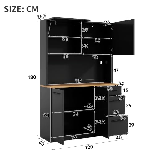 Armario alto para comedor multifuncional negro de 180cm con luces LED y USB 3