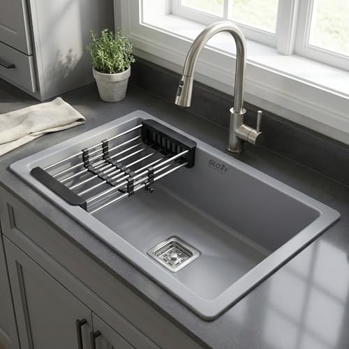 Image of Gloxy Premium Quartz Granite Single Bowl Kitchen Sink 24x18x9 Inches - Grey Matte FInish Quartz Sink For Kitchen With Coupling Hose Pipe and Drainer Basket - Undermount /Topmount - 3 Years Warranty