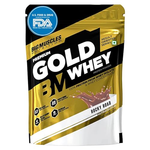 Image of Bigmuscles Nutrition Premium Gold Whey 500g Whey Protein Isolate Blend | USA FDA REGD. BRAND | 25g Protein Per Serving [Rocky Road]