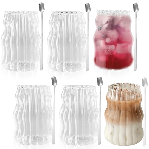 Ensemble de verres à latte macchiato Gerippt pour café glacé : 6 x 530 ml - Verres rétro avec 6 cuillères - Tasses à cappuccino - Tasses à café - Verres à café glacé - Tasses à café en thermo - Verres