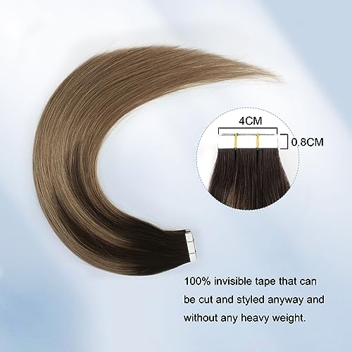 Image of Sixstarhair Invisible Tape In Hair Extensions Real Human Hair Balayage Dark Brown Fading to Chestnut Brown Remy Tape Hair Extensions for Woman 20 Pieces 50g [Color #B2-6 18 inch]