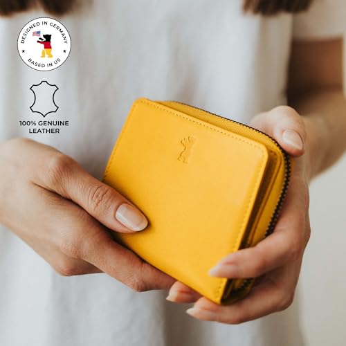 Image of BERLINER BAGS Genuine Leather Small Wallet Women Sara, Gift Box - Yellow | Soft Leather Bifold Zip Wallet, Fits Purses & Crossbody Bags, 8 Card Slots, Zipped Coin Pocket, RFID Blocking