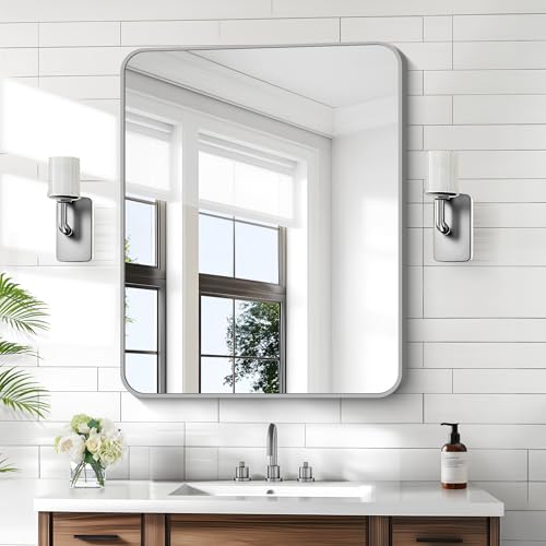 Image of KOCUUY Silver Bathroom Mirror, 30x36 Inch Bathroom Mirror for Over Sink, HD Tempered Glass, Anti-Rust Brushed Silver Frame, Rounded Corner Modern Design for Bathroom, Hang Horizontal /Vertical