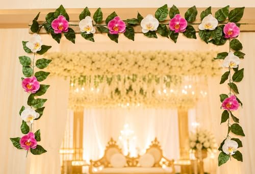 Image of Divyakosh Mango Leaf Vine /Creeper with Orchid Flowers for Door Entrance Decor 80 Inch | 14 Orchid Flowers Hanging Thoran /Bandarwal /Garland for Diwali Ganpati Mandir Festive Decoration