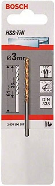 Bosch 2608596681 DIN338 Metal HSS-Tin Drill Bit, 3.0mm x 33mm x 61mm, Silver