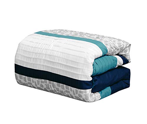 Jbff Oversize 7 Piece Luxury Stripe Bed In Bag Microfiber Comforter Set (King, Blue) #TOP1
