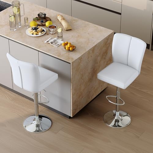 Image of Swivel Bar Stools Set of 2 - White Barstools with Back,Adjustable Counter Height Bar Stools with Sturdy Metal Legs,Leather Counter Height Stools Ideal for Kitchen Island Pub(25''-33''H)
