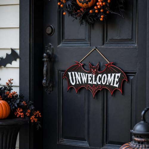 Image of Halloween Decorations - Funny Gothic Bat Wooden Sign for Front Door | Unwelcome Bat Halloween Wood Wreaths Door Sign Decor- Halloween Party Favors Supplies for Home Wall Decor Outdoor Indoor