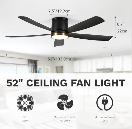 DWVO 52 inch Flush Mount Ceiling Fan with Lights, 5 Blade Low Profile Ceiling Fan with Remote,Tri-Color Temperature, 6 Speed Black and Gold, Quiet DC Motor for Bedroom, Living Room