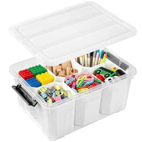 EOENVIVS Clear Storage Tote with 6 Tall Inserts, Stackable craft organizers and storage Box, Plastic Storage Bins with Lids and Handles for Crafts, Jewelry & Sewing, Art Supplies, Markers, Pens