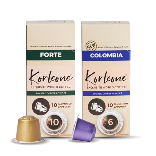 Image of KORLEONE Colombia & Forte Aluminium Nespresso Compatible Coffee Pods 20 Capsules Pack of 2 Intensity 6 /10 Medium to Dark Roast Level
