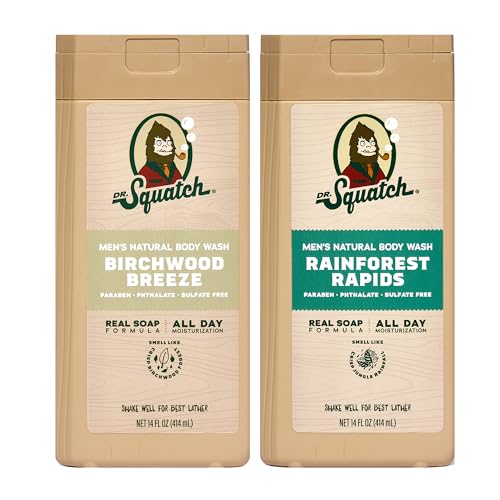 Dr. Squatch Natural Men's Body Wash Shower Gel - Cleansing, Nourishing, Long Lasting Scent, Moisturizing Body Wash for Men - Birchwood Breeze + Rainforest Rapids (14 oz, 2-Pack)