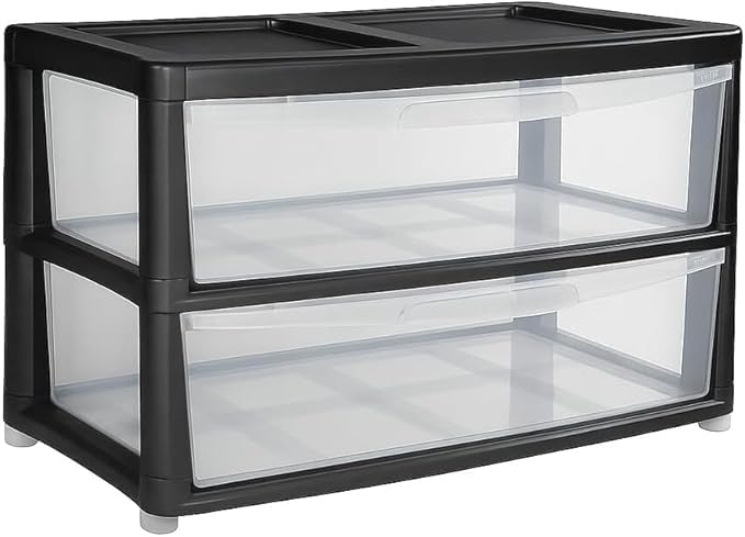 ALEEZ 2 Tier Jumbo Black/Clear Storage Drawers - Plastic Storage Cabinet, Modular Drawer Organiser - Transparent Closet Storage Unit for Bedroom, Office, Nursery, Crafts, Clothes & Household Items