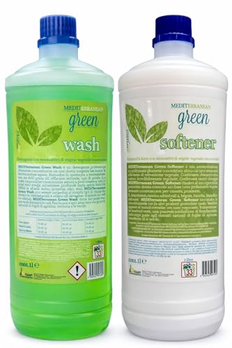 HOME PRO Green Mediterranean - Kit de lavado profesional completo con suavizante para la colada, detergente para lavadora, desinfectante, perfumado, concentrado, 1 + 1 l