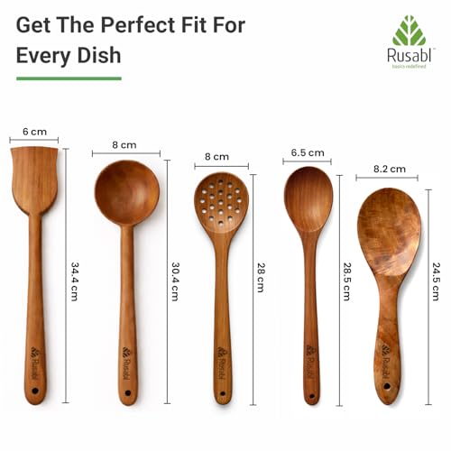 Image of Rusabl Pack of 5 Neem Wood Spatula, Spoonula, Slotted Spoon, Ladle, | Serving Spoon, Seamless Design Non Stick Cookware for Cooking and Baking
