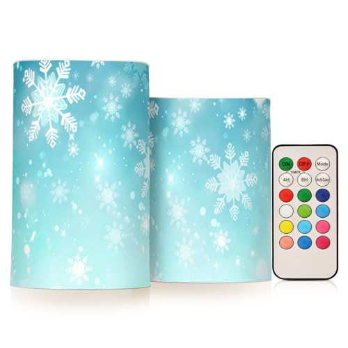 Christmas Lights Flameless Candles Teal Turquoise Snowflake Pillar Candles Set of 2 Battery Operated Remote Control Warm Lights Home Decor