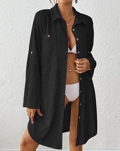 Bsubseach Terry Cloth Swim Cover Up for Women Cotton Bathing Suit Coverup Button Down Beach Shirt Robes with Pockets3