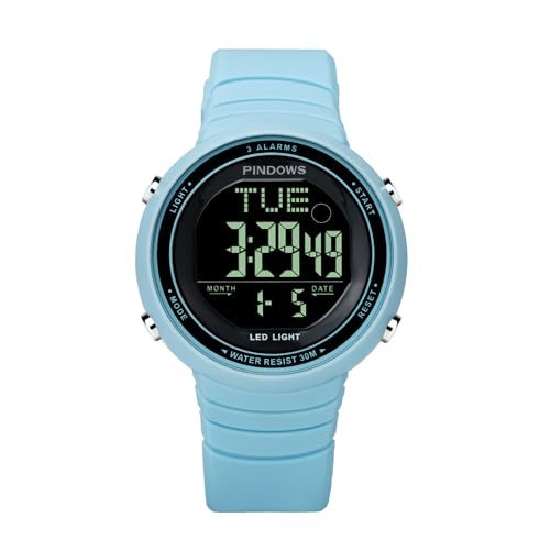PINDOWS Hombre Impermeable Relojes, Deportivo Digital Plastico Caja y Goma Correa Reloj LED Electrónica Analógico Cuarzo Doble Tiempo Reloj de Pulsera,Light Blue