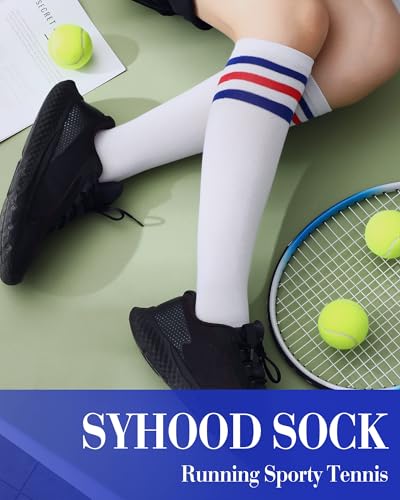 Syhood 2 Pairs Classic Athletic Knee High Socks Triple Stripes Over the Calf Cotton Retro Tube Sock3