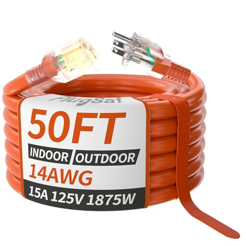 50 ft 14 Gauge Outdoor Extension Cord Waterproof with Lighted Indicator Cold Weatherproof -40C Flexible 3 Prong Extension Cord Outside Orange 15A 1875W 14AWG SJTW ETL Listed