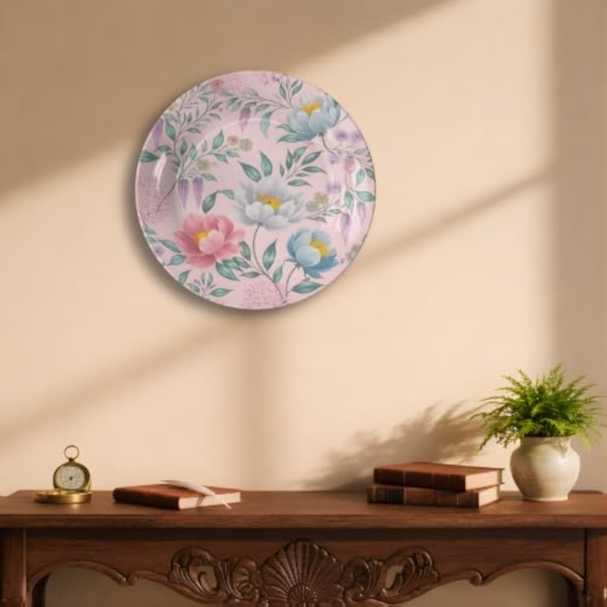 Pink Floral Ceramic Art Plate for Wall Decor