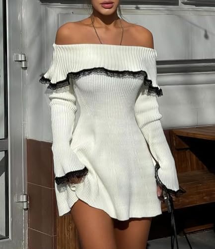 Image of chouyatou Women's Off The Shoulder Bell Long Sleeve Sweater Mini Dress Lace Trim Bodycon Ribbed Knit Sweater Dress