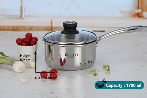 Image of Sumeet Cook Smart TriPly Stainless Steel Induction Base Saucepan with Glass Lid - 1.7 LTR - 16Cm, Pack of 1, Silver