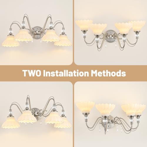 Image of Brushed Nickel Bathroom Vanity Light, 4-Light Nickel Finish Wall Sconce with Hanging Crystal Accents and Flower-Shaped White Glass Shades, Modern Wall Mount Vanity Light Over Mirror for Bathroom
