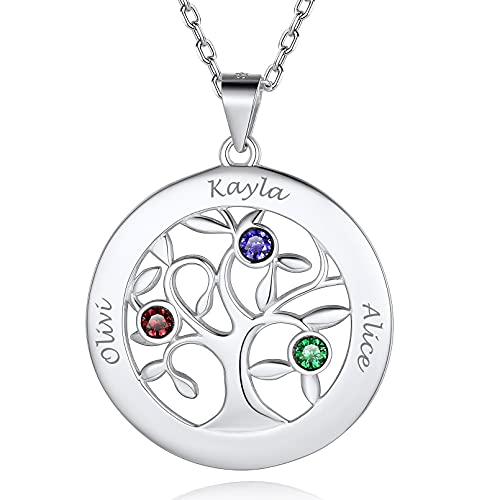 Custom4U Personalized Birthstone Name Necklace - Heart & Round Pendants Sterling Silver & Stainless Steel Family Tree of Life Charm Mother's Day Jewelry Gift for Women Mom Grandma 1-925 Silv