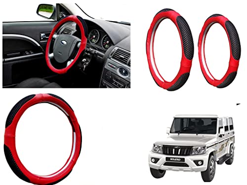 Image of Microfiber Car Steering Wheel Cover, Soft Padding Great Hand Feel, Anti-Slip, Faux Leather Steering Cover for Mahindra Bolero 2020 | Black Red Jali - Pack of 1