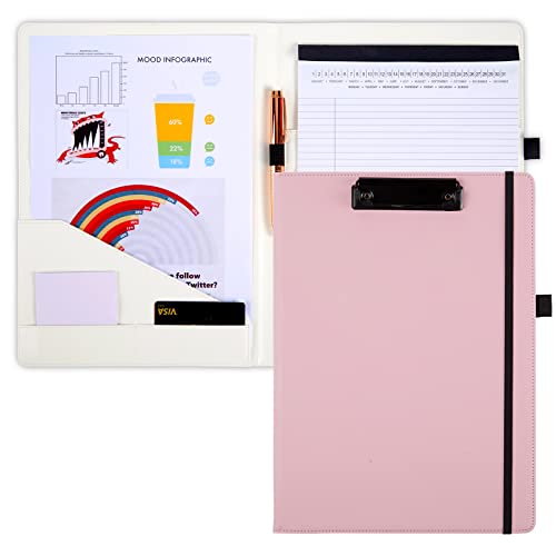 Pink Hardcover Foldable Clipboard-Folio Folder - w/Letter Size Notepad Pocket, Pen Loop & Business Card Slot, Leather Portfolio Document Organizer, Storage Clipboard for Women Nurse Teacher Resume
