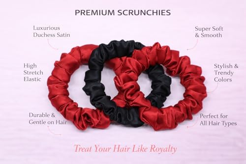 Image of Satin Scrunchies Hair Bands for Women | No-Damage Elastic Hair Ties for Ponytails & Buns | Fluffy & Stylish Rubber Bands | Free Size | Pack of 3 (Set of Maroon Red and Black Color)