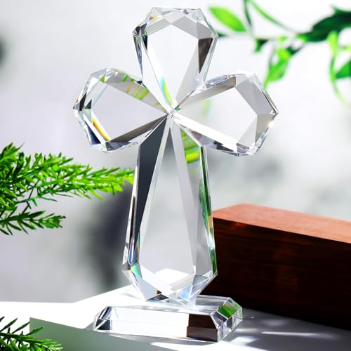 Image of YWHL Clear Crystal Standing Cross Figurine, Holy Christian Religious Gift