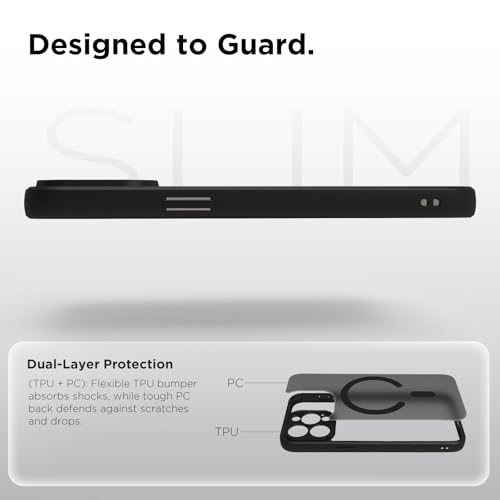 Image of RIGGEAR Shockproof Sleek Hybrid Armor Upgraded C-Shaped Magnetic Back Cover Case Compatible with MagSafe Accessories for iPhone 15 Pro Max (Smoke Black Matte PC + Black TPU Bumper)