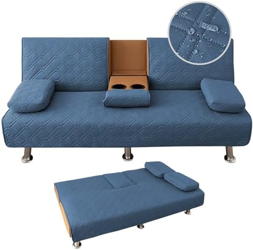 4 Pieces Click Clack Sofa Bed Cover 3 Seater, Quilted Convertible Folding Cover with 2 Removable Armrests and 1 Holders Covers (Denim Blue)